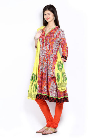 Rain &amp; Rainbow Women Pink &amp; Orange Printed Churidar Kurta with Dupatta