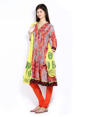 Rain &amp; Rainbow Women Pink &amp; Orange Printed Churidar Kurta with Dupatta
