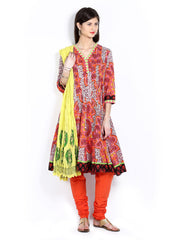 Rain &amp; Rainbow Women Pink &amp; Orange Printed Churidar Kurta with Dupatta