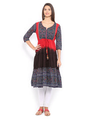 Rain &amp; Rainbow Women Red &amp; Black Printed Anarkali Kurta