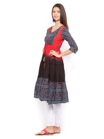 Rain &amp; Rainbow Women Red &amp; Black Printed Anarkali Kurta