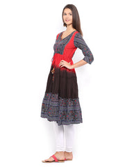 Rain &amp; Rainbow Women Red &amp; Black Printed Anarkali Kurta