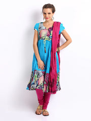 Rain &amp; Rainbow Women Blue &amp; Pink Anarkali Churidar Kurta with Dupatta