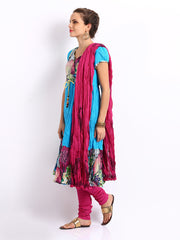 Rain &amp; Rainbow Women Blue &amp; Pink Anarkali Churidar Kurta with Dupatta