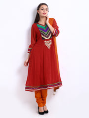 Rain &amp; Rainbow Women Red &amp; Orange Churidar Kurta with Dupatta