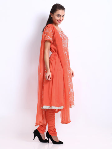 Rain &amp; Rainbow Women Orange Embroidered Churidar Kurta with Dupatta