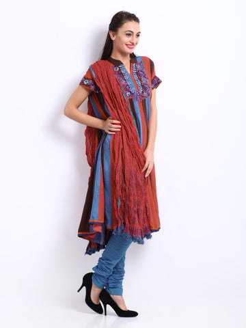 Rain &amp; Rainbow Women Coral Pink &amp; Blue Anarkali Churidar Kurta Set