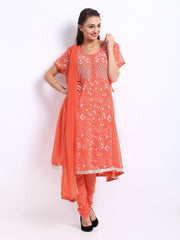 Rain &amp; Rainbow Women Orange Embroidered Churidar Kurta with Dupatta