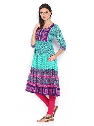 Rain &amp; Rainbow Women Teal Green Printed Anarkali Kurta
