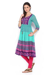Rain &amp; Rainbow Women Teal Green Printed Anarkali Kurta
