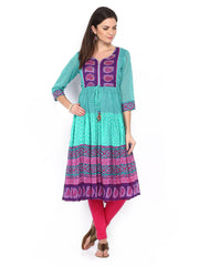 Rain &amp; Rainbow Women Teal Green Printed Anarkali Kurta