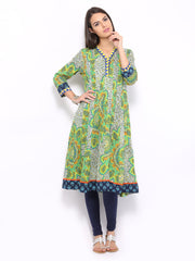 Rain &amp; Rainbow Women White &amp; Green Printed Anarkali Kurta