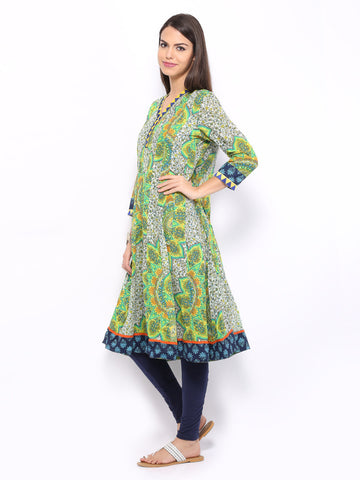 Rain &amp; Rainbow Women White &amp; Green Printed Anarkali Kurta