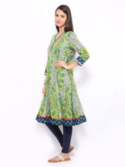 Rain &amp; Rainbow Women White &amp; Green Printed Anarkali Kurta