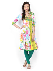 Rain &amp; Rainbow Women White Printed Anarkali Kurta