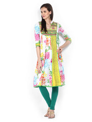 Rain &amp; Rainbow Women White Printed Anarkali Kurta