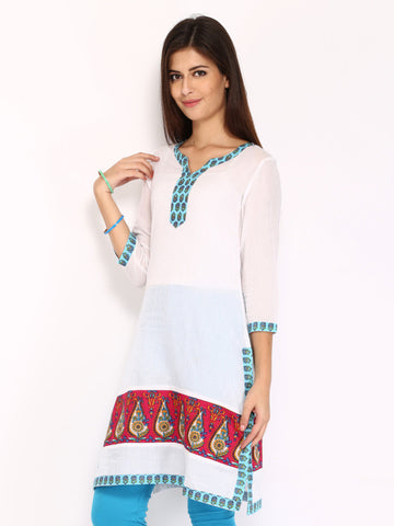 Rain &amp; Rainbow Women White Striped Kurta
