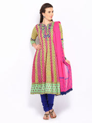 Rain &amp; Rainbow Women Yellow &amp; Navy Churidar Kurta Set