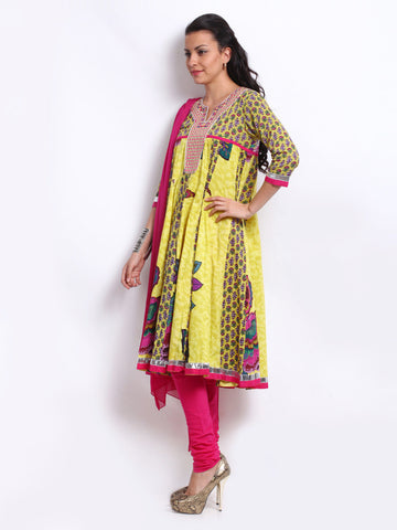 Rain &amp; Rainbow Women Yellow &amp; Pink Churidar Kurta Set