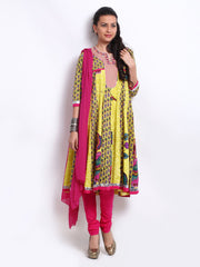 Rain &amp; Rainbow Women Yellow &amp; Pink Churidar Kurta Set