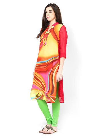 Raindrops Women Yellow &amp; Pink Printed Kurta