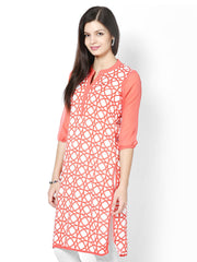 Raindrops Women Peach-Coloured &amp; White Printed Kurta