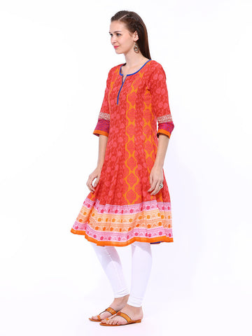 Rangriti Women Red &amp; Orange Printed Anarkali Kurta