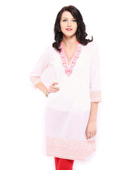 Rangriti Women White &amp; Neon Orange Dobby Kurta