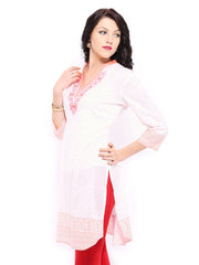 Rangriti Women White &amp; Neon Orange Dobby Kurta