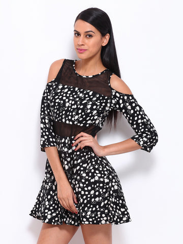 Remanika Black Printed Fit &amp; Flare Dress