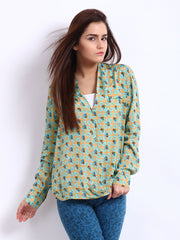 Remanika Women Golden &amp; Turquoise Blue Printed Donalda Top