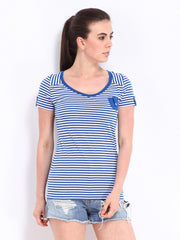 Roadster Women Blue &amp; White Striped T-shirt