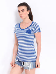 Roadster Women Blue &amp; White Striped T-shirt