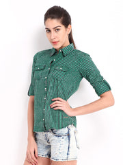 Roadster Women Green &amp; Black Checked Casual Shirt