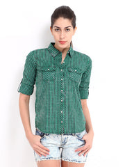 Roadster Women Green &amp; Black Checked Casual Shirt
