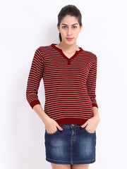 Roadster Women Maroon &amp; White Striped Sweater