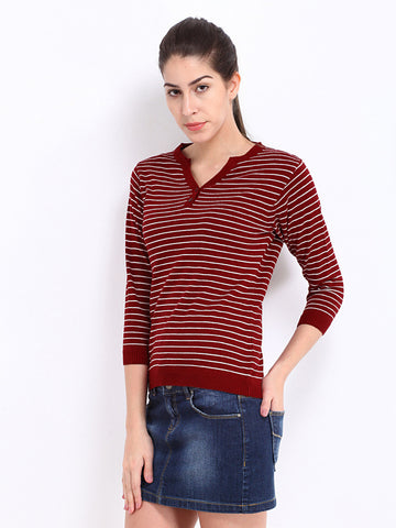 Roadster Women Maroon &amp; White Striped Sweater