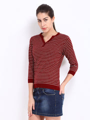 Roadster Women Maroon &amp; White Striped Sweater