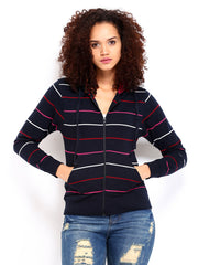 Roadster Women Navy Striped Hooded Sweatshirt