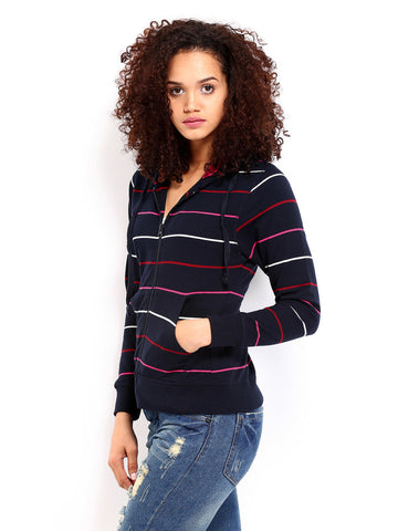 Roadster Women Navy Striped Hooded Sweatshirt