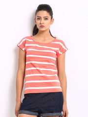 Roadster Women Peach Coloured &amp; White Striped Top