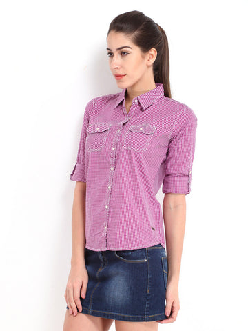 Roadster Women Pink &amp; White Checked Casual Shirt