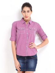 Roadster Women Pink &amp; White Checked Casual Shirt
