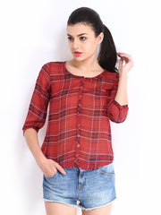Roadster Women Red &amp; Black Checked Slim Fit Casual Shirt