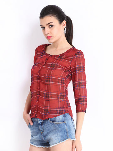 Roadster Women Red &amp; Black Checked Slim Fit Casual Shirt