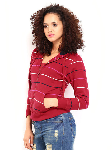 Roadster Women Red Striped Hooded Sweatshirt