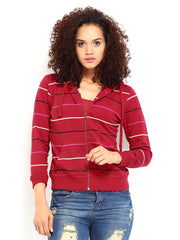 Roadster Women Red Striped Hooded Sweatshirt