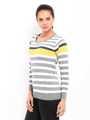 Roadster Women Grey &amp; White Striped Sweater