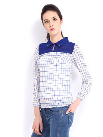 Roadster Women White &amp; Blue Checked Top