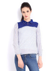 Roadster Women White &amp; Blue Checked Top